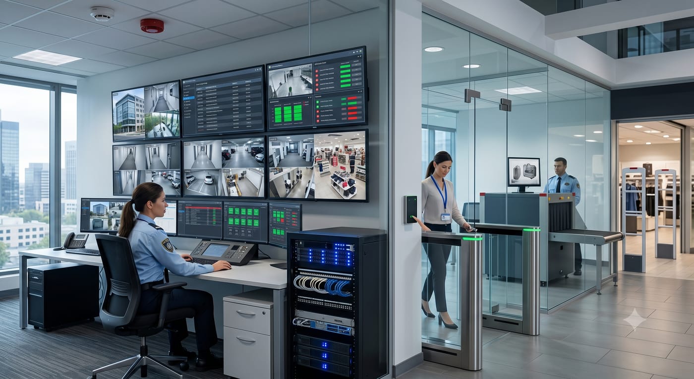 Operadora monitoreando CCTV + torniquete de acceso + escáner Rx + guardias — sistema integral Proxel